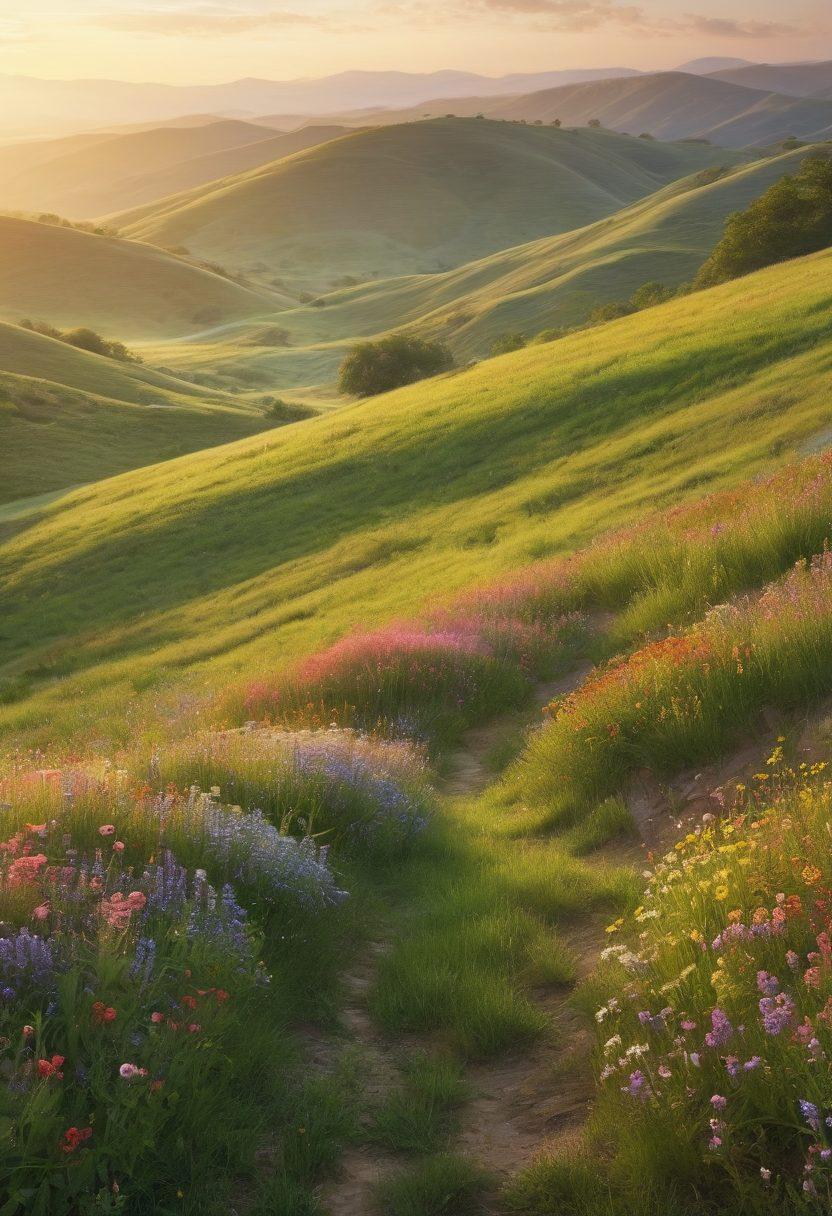 A serene American landscape with a bright sunrise illuminating rolling hills dotted with wildflowers, symbolizing hope and joy. Include diverse people of different backgrounds enjoying nature, smiling and engaging in joyful activities, embodying community and optimism. Soft, warm colors to evoke happiness with a gentle breeze effect. super-realistic. vibrant colors.