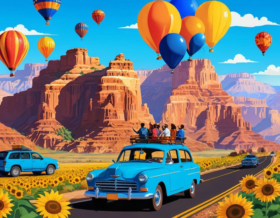 A colorful road trip scene showcasing a diverse group of cheerful people traveling across iconic American landscapes, such as the Grand Canyon and bustling cities, with balloons and sunflowers filled with positivity. Bright blue skies and warm sunlight create an atmosphere of happiness and adventure. Vector art style with vibrant colors.