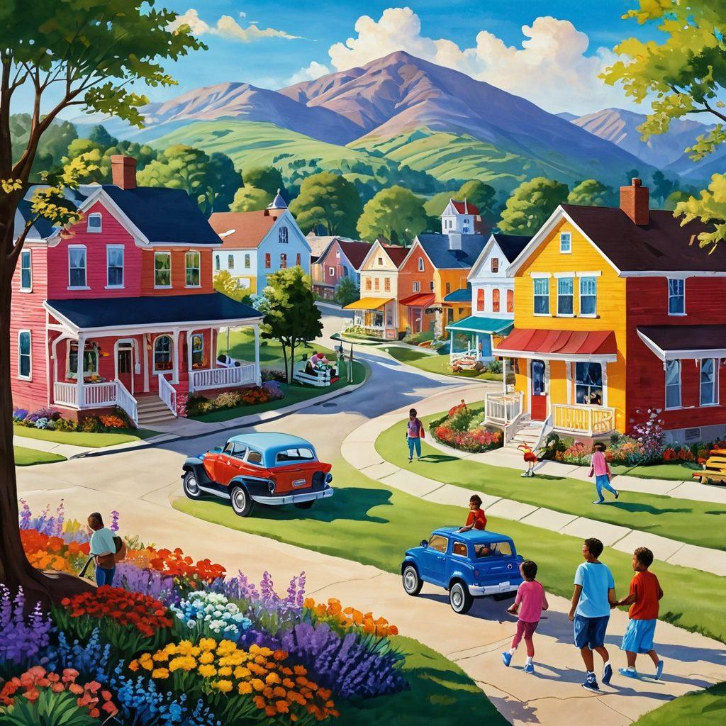A vibrant and warm scene showing a diverse group of people joyfully engaging in community activities in a picturesque small-town setting. The backdrop features iconic American landscapes, such as rolling hills and a welcoming town square. Bright colors radiate happiness with flowers blooming, children playing, and cheerful smiles all around. Include elements that evoke a sense of togetherness and positivity. super-realistic. vibrant colors. picturesque.